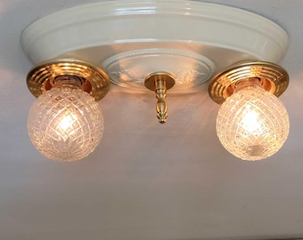 816c Antique 1910's 20's Victorian Brass Ceiling Light glass shades Chandelier bedroom hall 1 of 2 pair