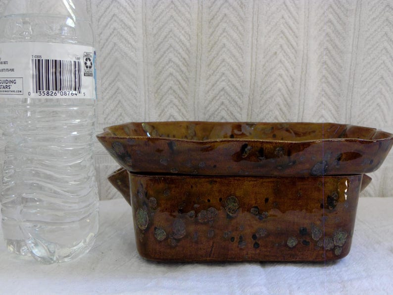 Pu&ograve; includere: Una pirofila rettangolare in ceramica marrone con coperchio abbinato. Il piatto ha una finitura lucida con accenti maculati. Il coperchio ha un bordo smerlato. A sinistra c'&egrave; una bottiglia d'acqua di plastica trasparente.