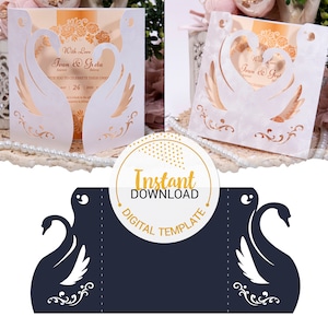 Gate-fold Love Swans Wedding Invitation (svg, dxf, ai, eps, png) cutting file, laser cut, instant download, Cameo, Cricut