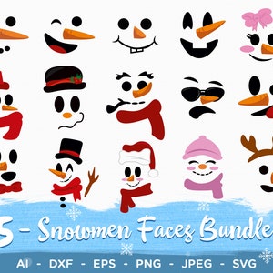 Sneeuwpop gezicht SVG-bundel, 15 sneeuwpoppen gezichten om af te drukken, kerst clipart-bestanden, winter Svg Pack
