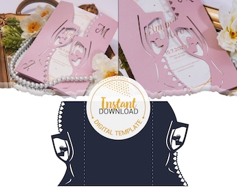 5x7 Gatefold Champagne Wedding Invitation  - Laser Cut Template (svg, dxf, ai, eps, png) - Instant Download - Cricut & Cameo Compatible