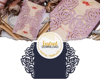 5x7 Gate fold Roses Wedding Invitation - Laser Cut Template (svg, dxf, ai, eps, png) - Instant Download - Cricut & Cameo Compatible