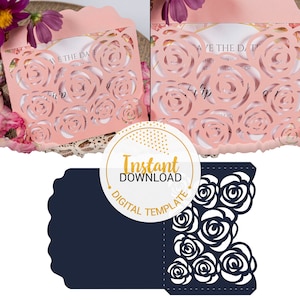 Elegant Roses Envelope Wedding Invitation - Laser Cut Template (svg, dxf, ai, eps, png) - Instant Download - Cricut & Cameo Compatible