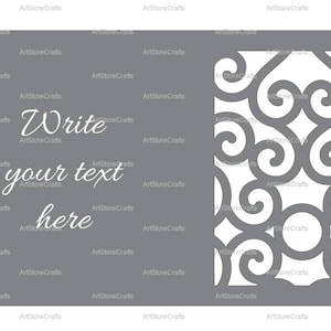 May include: A gray card with a white decorative design on the right side. The left side has the text "Write your text here" in white.