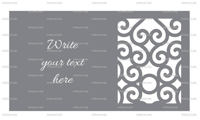 May include: A gray card with a white decorative design on the right side. The left side has the text "Write your text here" in white.