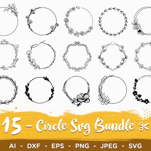 May include: A set of 15 black and white circle SVG frames with floral designs. The frames are ideal for adding a touch of elegance to your digital projects.