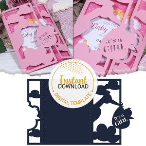 5x7 Mädchen Baby Shower Einladung - Gatefold Laser Cut Vorlage (svg, dxf, ai, eps, png) - Instant Download - Cricut & Cameo kompatibel