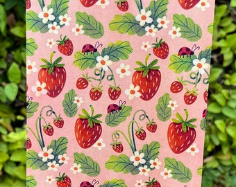 Strawberry Ladybug Pattern Print Postcard | Cute Pink Strawberry Floral Ladybug Illustration | 4 x 6 Art Print Postcard with Satin Finish