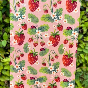 Strawberry Ladybug Pattern Print Postcard | Cute Pink Strawberry Floral Ladybug Illustration | 4 x 6 Art Print Postcard with Satin Finish