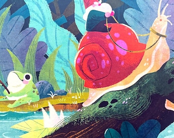 Cute Forest Friends Postcard | Whimsical Gnome Snail Frog Forest scene Illustration | 4" x 6" Art Print Postcard with Satin Finish