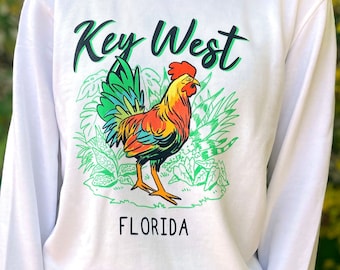 Key West Florida Illustrated Rooster Sweatshirt | Vacation Souvenir Apparel | White, Black, Green, & Blue Unisex organic sweatshirt