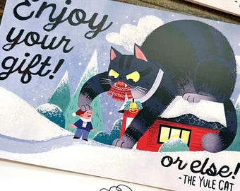 Yule Cat Holiday Greeting Card Postcard | Cute Funny Christmas Holiday Yule Cat Illustration | 4" x 6" Art Print Postcard with Satin Finish