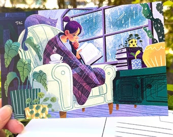 Cozy Rainy Day Art Print Postcard | Cute Rainy Day Scene Book Lover Illustration | 4 x 6 Art Print Postcard with Satin Finish
