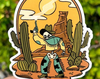 Skeleton Cowboy Cactus Desert Sticker | Matte Vinyl Western Illustrated Decal | Waterproof Weather Resistant Sticker