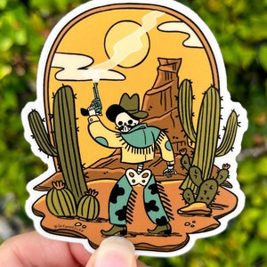 Skeleton Cowboy Cactus Desert Sticker | Matte Vinyl Western Illustrated Decal | Waterproof Weather Resistant Sticker