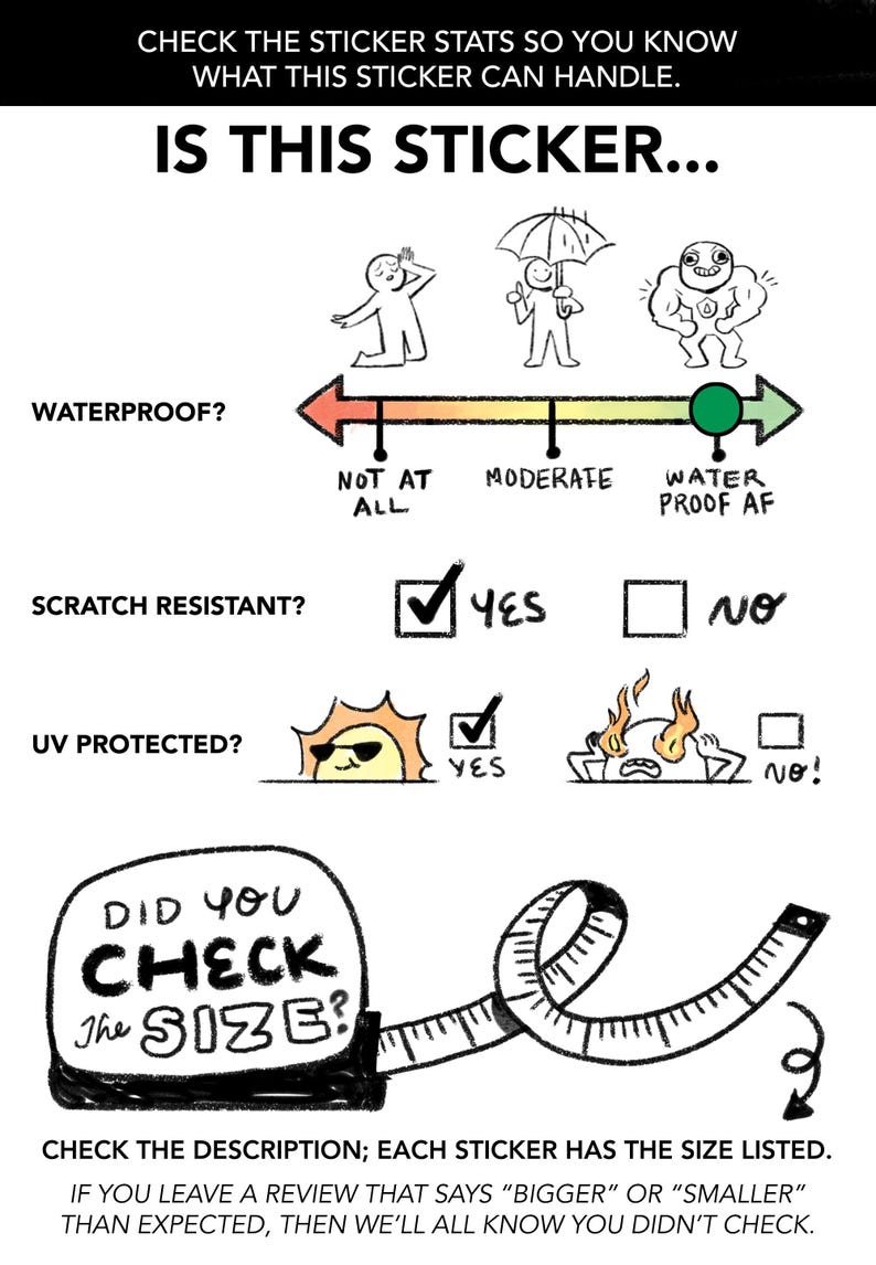 May include: A humorous illustration of a sticker with a checklist of its features. The sticker is waterproof, scratch resistant, and UV protected. The illustration includes a measuring tape with the text "Did you check the size?" and a reminder to check the description for the sticker's size.
