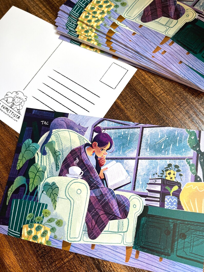 Cozy Rainy Day Art Print Postcard | Cute Rainy Day Scene Book Lover ...