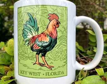 Key West Rooster Mug | Florida Keys Travel Souvenir Cup Vacation Memento | White Glossy Illustrated Mug | 11 oz or 15 oz