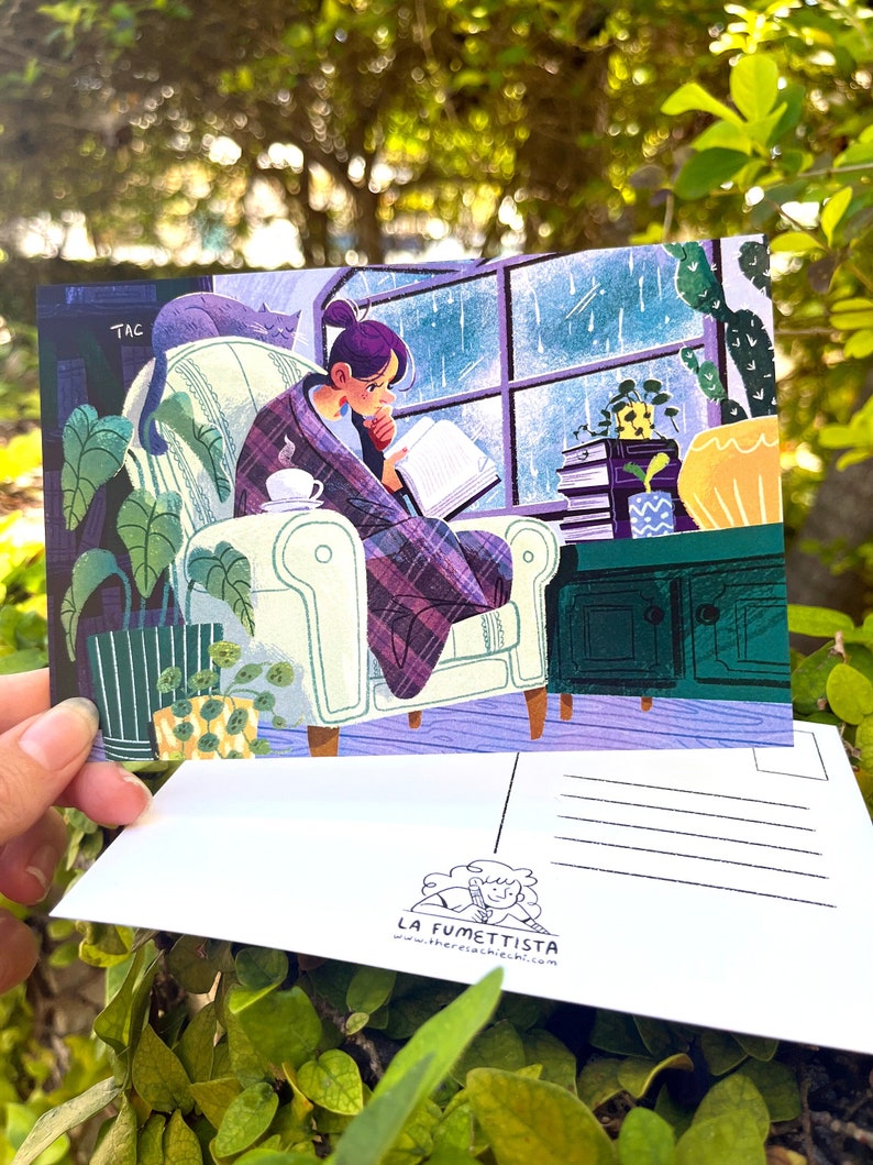 Cozy Rainy Day Art Print Postcard | Cute Rainy Day Scene Book Lover ...