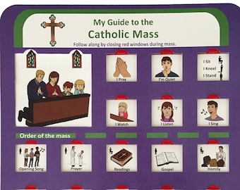 Kids Picture Guide to Catholic Mass, with pull-down red window sliders and 6 Participation Prompts, Easter gift, bingo, catholic mass book