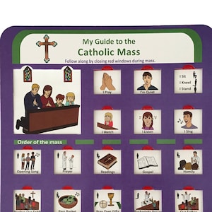 Kids Picture Guide to Catholic Mass, with pull-down red window sliders and 6 Participation Prompts, Easter gift, bingo, catholic mass book
