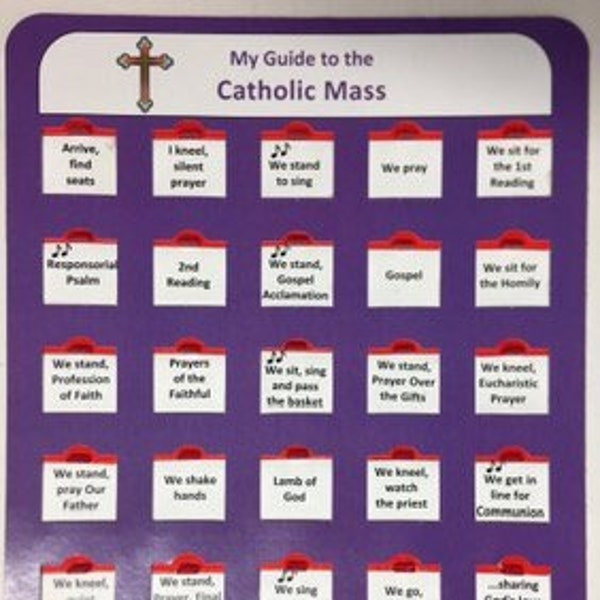 Catholic Mass Guide, with pull-down red window sliders, Order of the mass, bingo, Catholic kids mass book, catholic catechism, pray