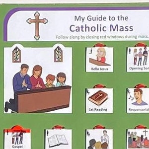 Hello Jesus Picture Guide to Catholic Mass, with pull-down red window sliders, Mass kit, Mass playset, kids mass bag, Catholic toys, Easter