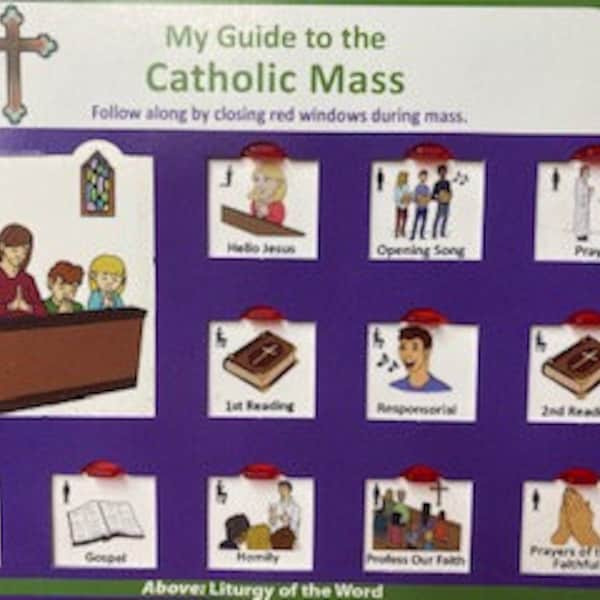 Hello Jesus Picture Guide to Catholic Mass, with pull-down red window sliders, Mask kit, Mass playset, Play mask kit, Catholic toys, Easter