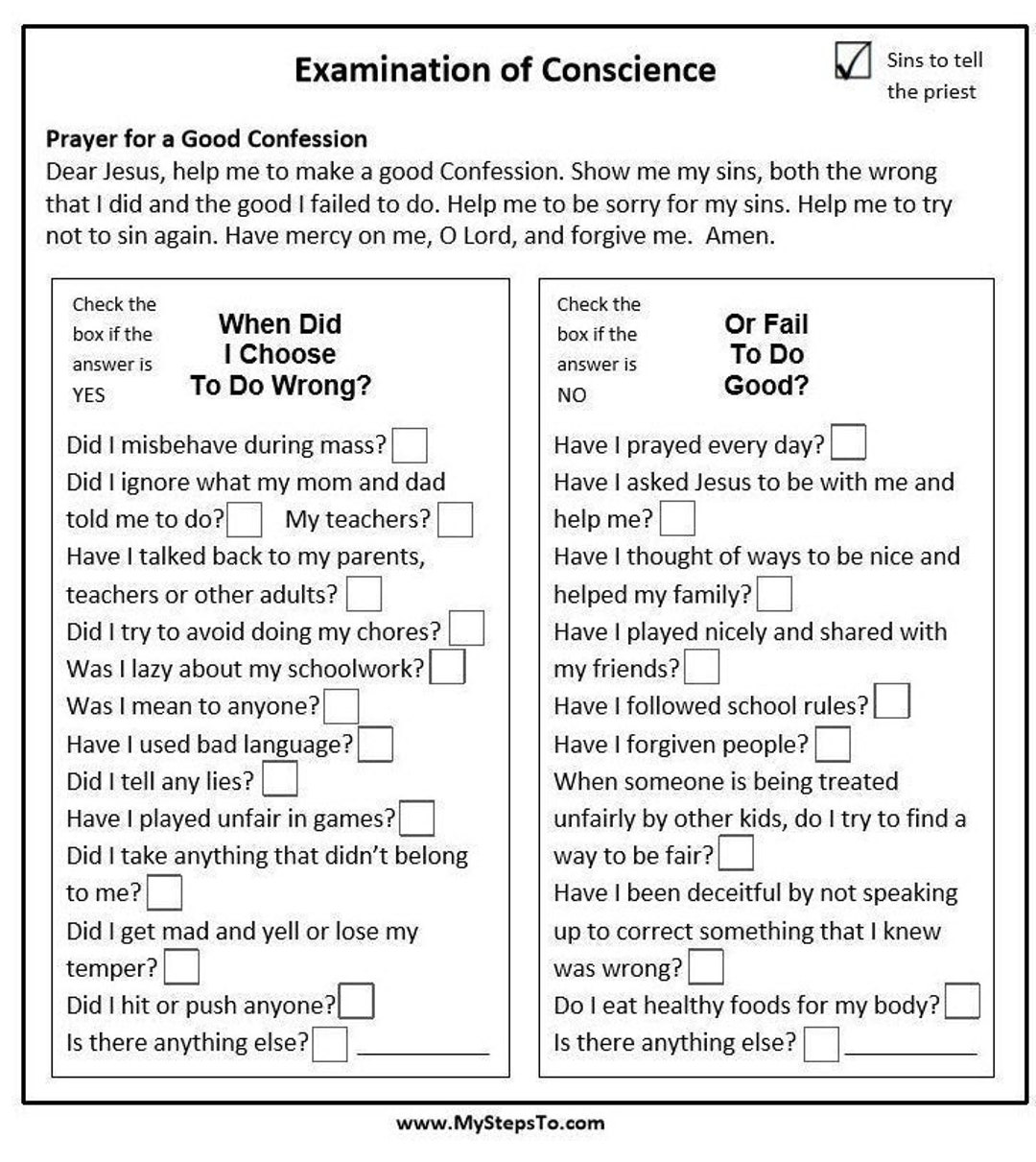 Examination of Conscience for Kids to Use Before Confession. - Etsy