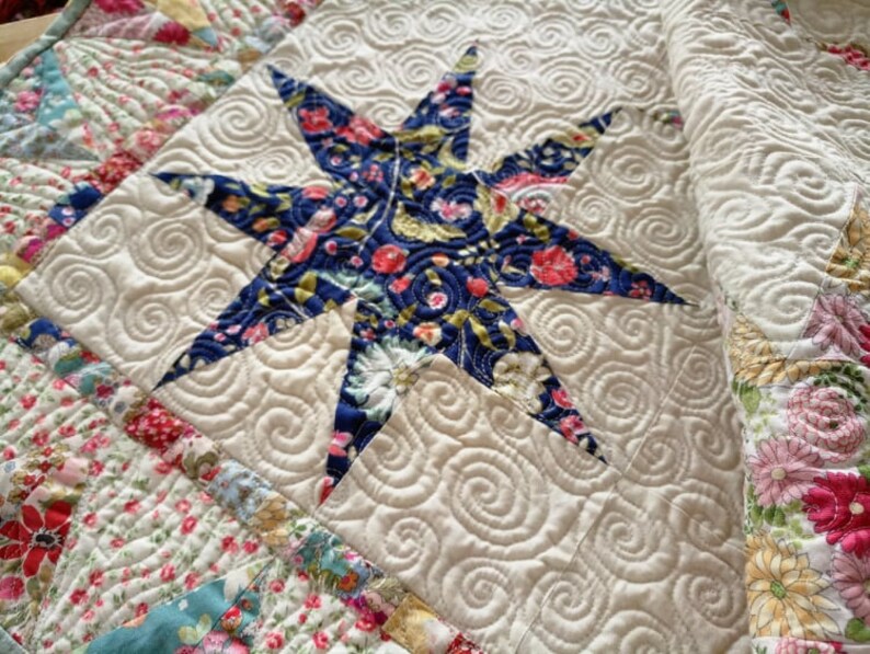 Red Modern Quilt Floral Patchwork Quilt Turquoise Quilt Quilt for SALE Star Baby Quilt White Star Quilt Handmade Boho Quilt Blue