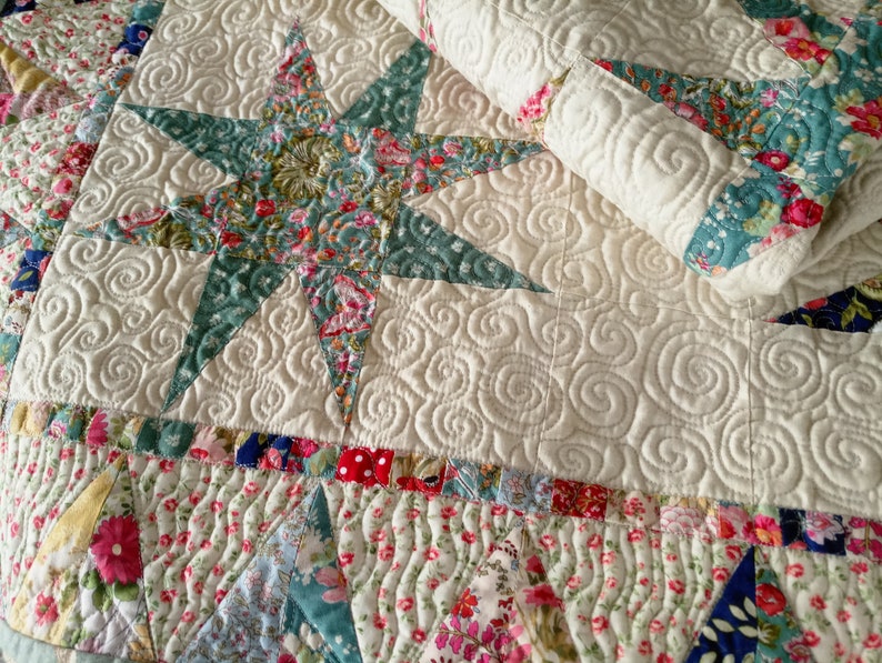 Red Modern Quilt Floral Patchwork Quilt Turquoise Quilt Quilt for SALE Star Baby Quilt White Star Quilt Handmade Boho Quilt Blue