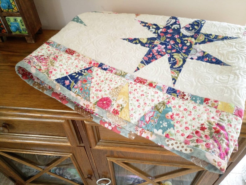 Red Modern Quilt Floral Patchwork Quilt Turquoise Quilt Quilt for SALE Star Baby Quilt White Star Quilt Handmade Boho Quilt Blue
