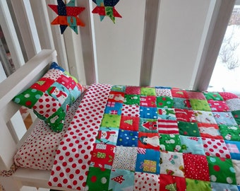 Christmas Doll Bedding, Baby Doll Bedding, Doll Pillow, Doll Blanket, Christmas Girl Gift, Patchwork Bedding Set, Handmade Doll Accessories