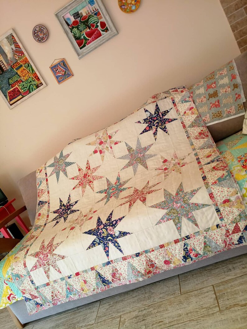 Red Modern Quilt Floral Patchwork Quilt Turquoise Quilt Quilt for SALE Star Baby Quilt White Star Quilt Handmade Boho Quilt Blue