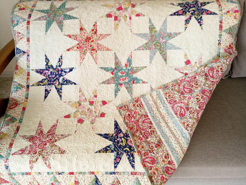 Red Modern Quilt Floral Patchwork Quilt Turquoise Quilt Quilt for SALE Star Baby Quilt White Star Quilt Handmade Boho Quilt Blue