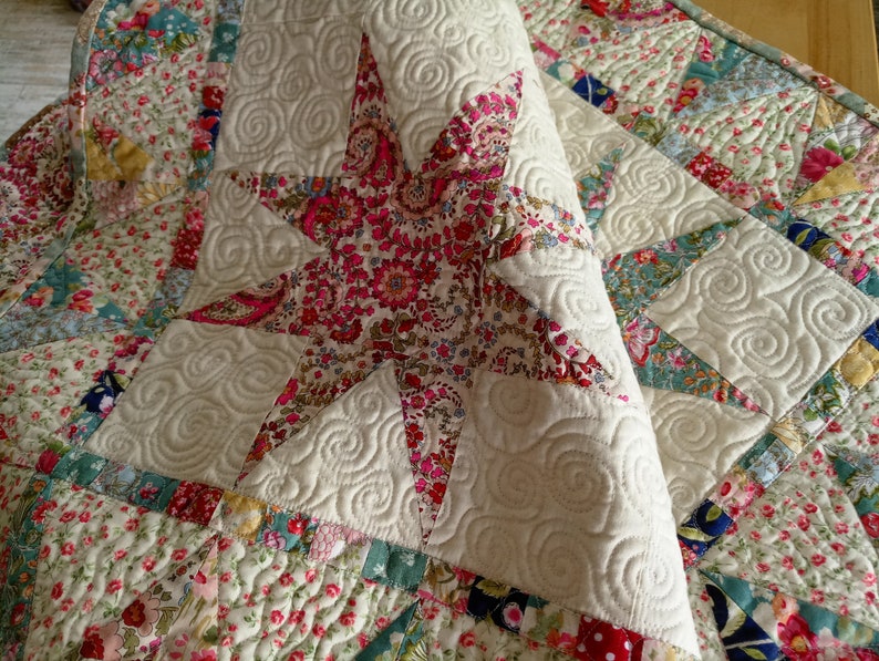 Red Modern Quilt Floral Patchwork Quilt Turquoise Quilt Quilt for SALE Star Baby Quilt White Star Quilt Handmade Boho Quilt Blue
