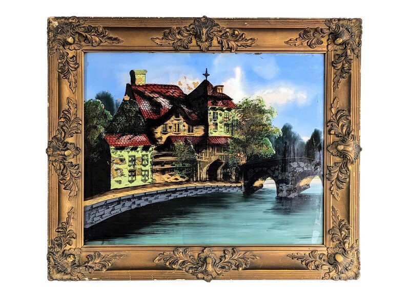 Antique Reverse Glass Painting of a European House on a River - Etsy