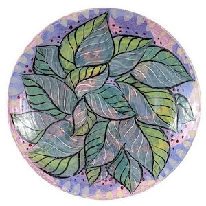 Large Studio Pottery Bowl with Painted Leaf Design, Signed by Artist