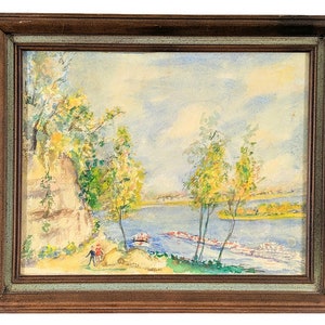 Mid Century Watercolor Painting of the Lincoln Landing in Rockport, IN