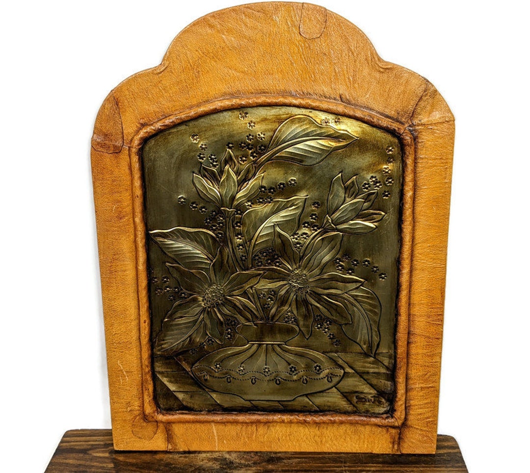Vintage Copper Relief Art on Leather Wrapped Board Signed Sant Etsy