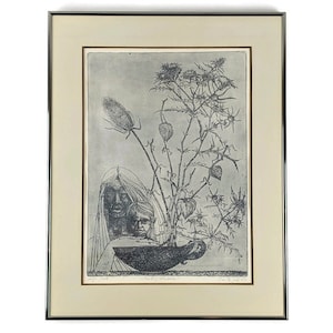 Mid Century Engraving Abstract Art of a Mother and Son Dark and Ominous