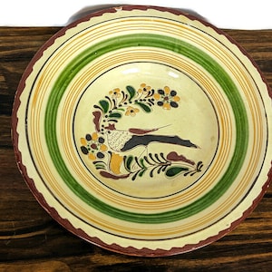 European Large Redware Bowl with Slip and Sgraffito Incised Bird