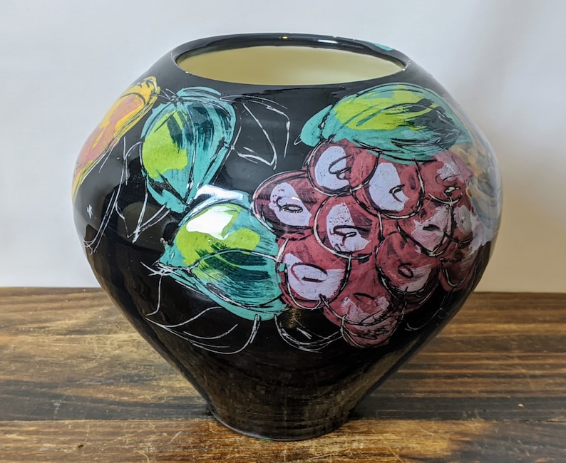 Sally Jaffee Hand Painted Studio Pottery Vase with Fruit Design