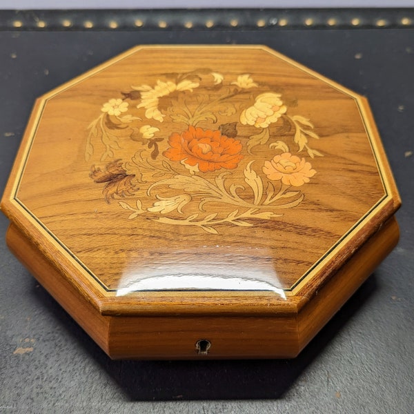 Reuge Hand Inlaid Octagonal Wood Jewelry / Music Box with Floral Design
