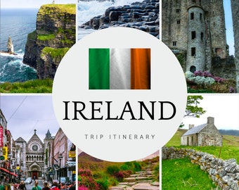 May include: A collage of images showcasing the beauty of Ireland. The images include a green field with a stone wall, a stone castle, a rocky coastline, a stone path leading up a hill, and a view of the Cliffs of Moher. The text "IRELAND TRIP ITINERARY" is displayed in the center of the collage.