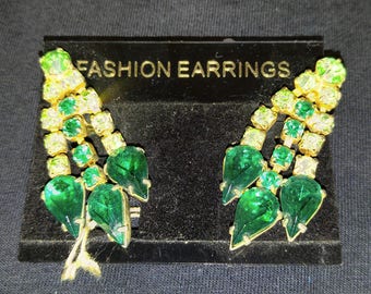Vintage Green Rhinestone Clip On Earrings