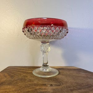Vintage Indiana Glass Diamond Point Ruby Red Compote Candy Dish