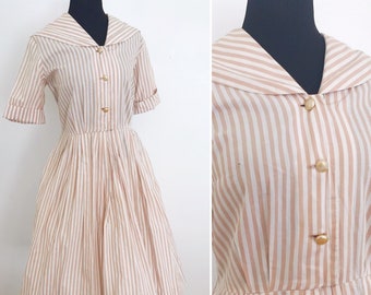 1950's Sailor Cut Tan and White Circle Skirt Dress