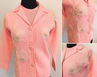 Vintage 1960s Pink Beaded Wool Jacket and Matching Top - 1960s Pink Beaded Jacket - 1960s Women’s Suit Set