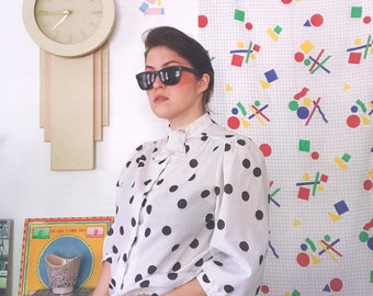 80s Vintage Black and White Polka Dotted Button Up Top - Vintage 80s Polka Dot Top - 80s Vintage Blouse